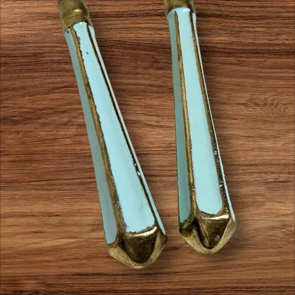 Vintage Serving Spoon & Fork Set Gold Tone Brass Handles MCM Hollywood Regency